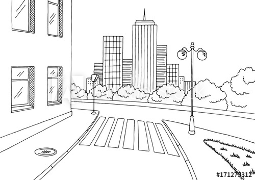 500x353 Street Road Graphic Black White City Landscape Sketch Illustration - City Landscape Sketch