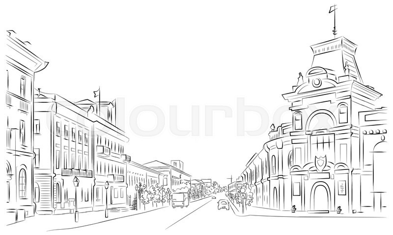 800x480 City Streets And Historic Buildings , Outline , Sketch Stock - City Outline Sketch