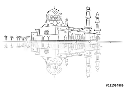 500x354 The Kota Kinabalu City Mosque Black Ink Outline Sketch - City Outline Sketch