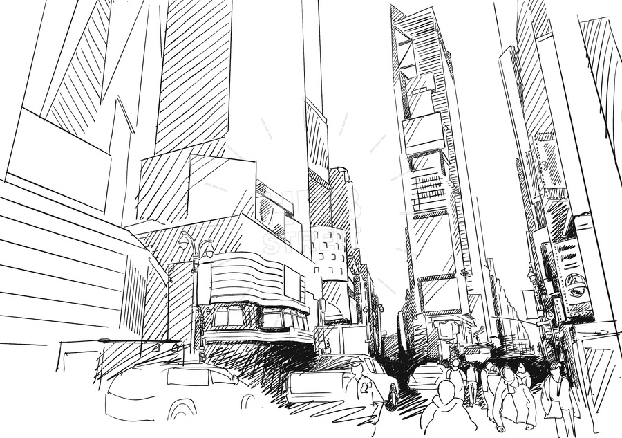 900x633 Time Square, New York City. Hand Drawn Vector Outline Sketch - City Outline Sketch