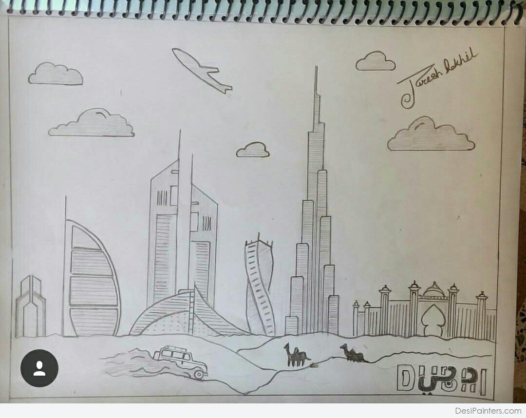 1080x858 Pencil Sketch Of Dubai City - City Pencil Sketch