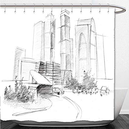 425x425 Interestlee Shower Curtain Pencil Drawing Of A Big - City Pencil Sketch