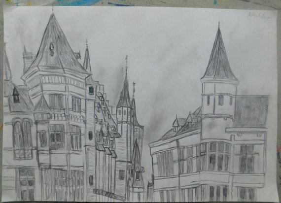 570x412 Art Original Pencil Drawing Belgium City Etsy - City Pencil Sketch