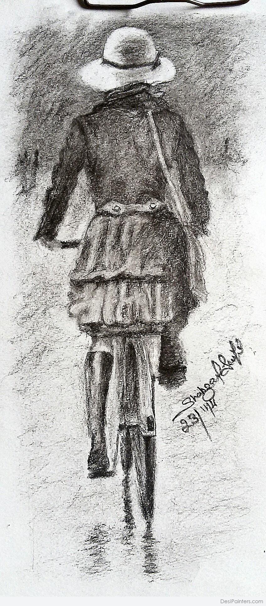 848x1933 Charcoal Pencil Sketch Of City Girl On Bicycle - City Pencil Sketch
