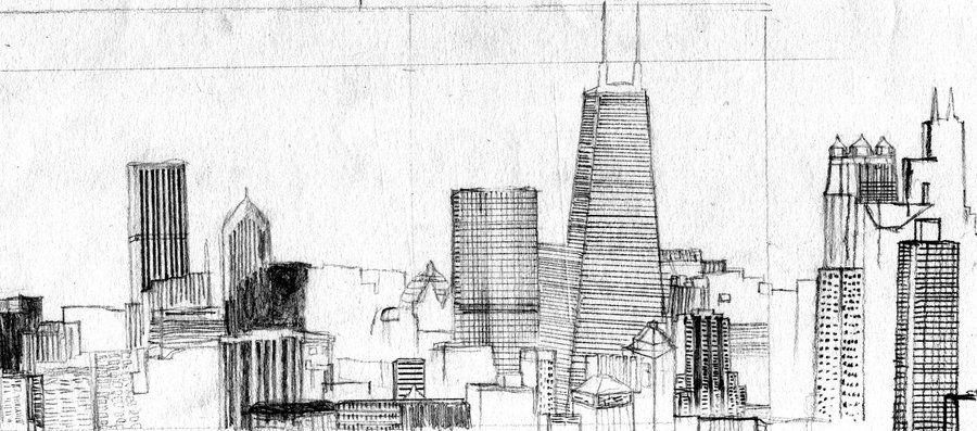 900x397 City Skyline Sketch - City Pencil Sketch