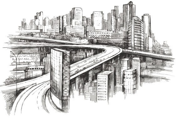 568x383 Free Modern City Sketch Vector - City Sketch