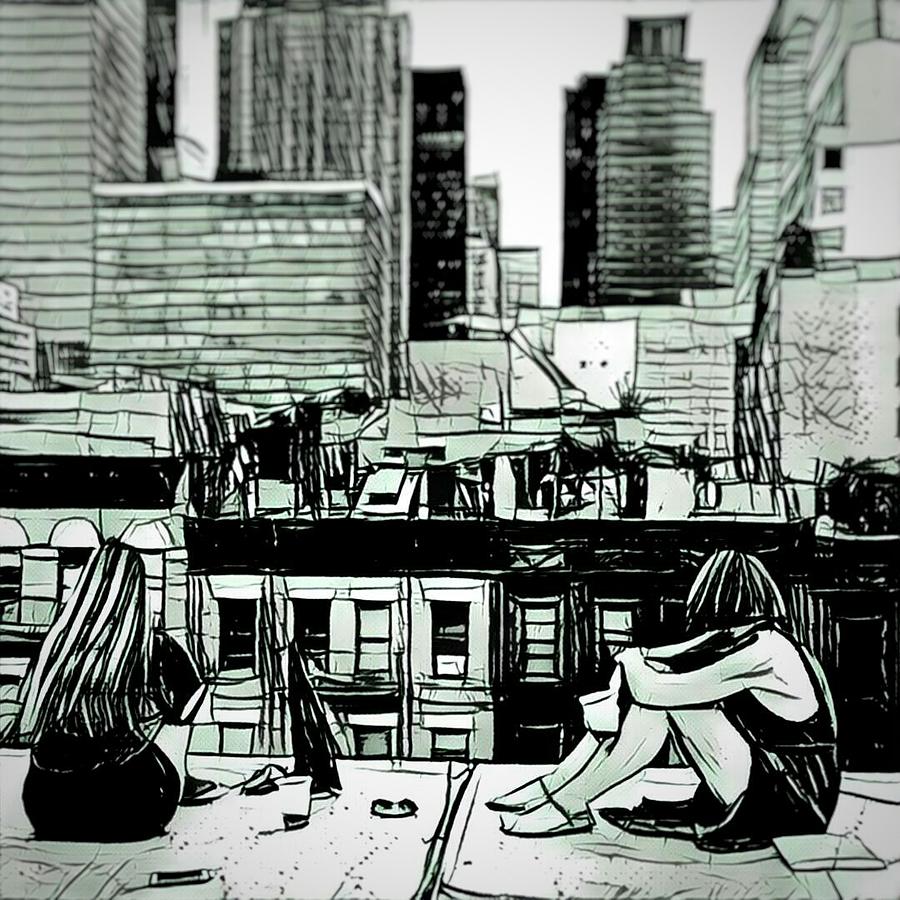 900x900 Summer Night In The City Sketch Drawing Digital Art By Mendyz - City Sketch
