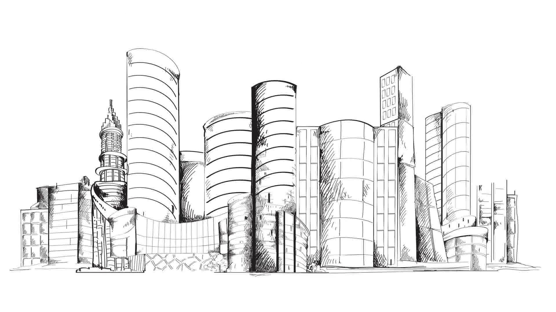 Рисунки зданий города. Скетч небоскреб Москва Сити. Современные здания карандашом. Эскиз современного города. Здание рисунок.