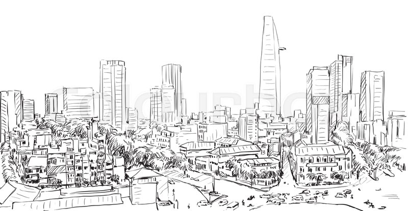 800x415 Sketch Cityscape Of Saigon City (Ho Chi Minh) Show Building - City Sketch Art