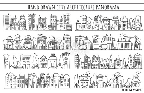 500x322 Sketch Big City Architecture With Houses, Factory, Trees, Cars - City Sketch Easy