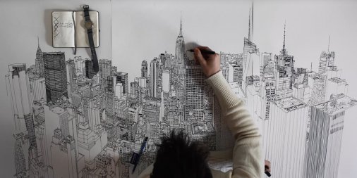 506x253 New York City Skyline Time Lapse Drawing - City Skyline Sketch