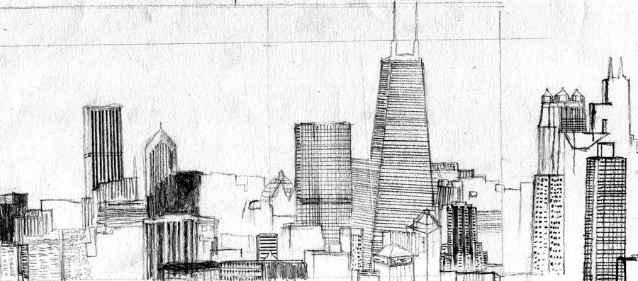 900x397 Drawn City Pencil Sketch - City Skyline Sketch