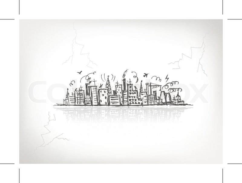 800x605 Industrial Cityscape, Sketch Drawing For Your Design Stock - Cityscape Sketch