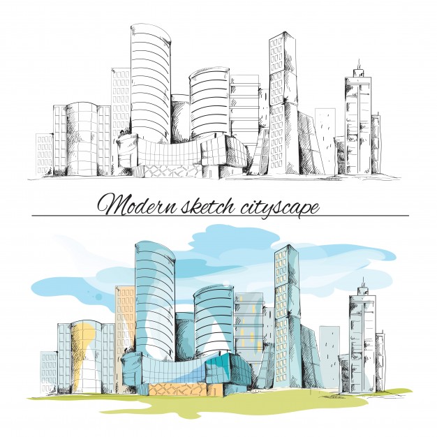 626x626 Modern Urban Sketch Building Hand Drawn Cityscape Set Vector - Cityscape Sketch