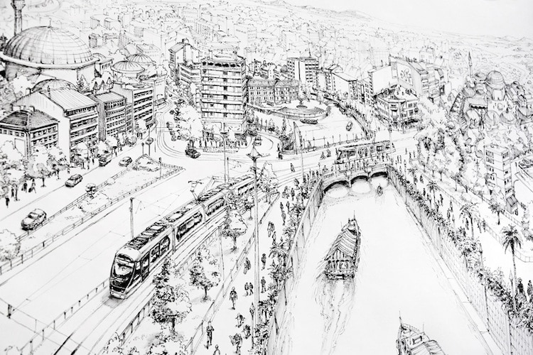 750x500 Artist Creates Incredible Large Scale Mural Art Of Cityscape Drawings - Cityscape Sketch