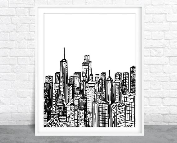 570x459 City Art Cityscape Sketch Ink Design Black And White Etsy - Cityscape Sketch