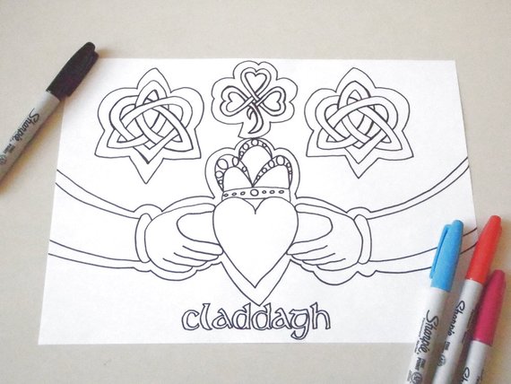 570x428 Claddagh Coloring Valentines Day Card Love Gift Engagement Etsy - Claddagh Sketch