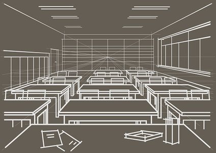 424x300 Linear Architectural Sketch Interior Classroom On Gray Background - Classroom Sketch