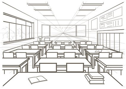 424x300 Linear Architectural Sketch Interior School Classroom Stock - Classroom Sketch