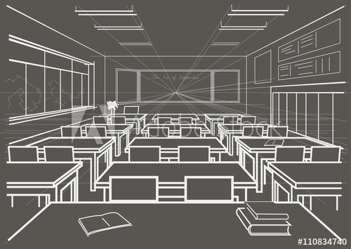 500x354 Linear Architectural Sketch Interior School Classroom On Gray - Classroom Sketch