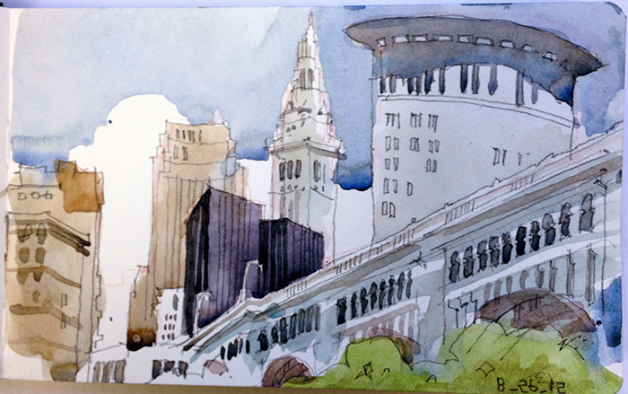 700x439 Jeff Suntala Watercolors Cleveland Skyline - Cleveland Skyline Sketch