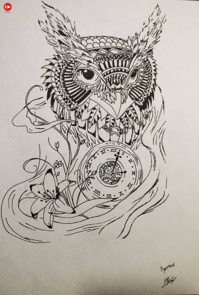 692x1024 Nice Sketch Of Amazing Owl And Clock Tattoo With Flower - Clock Sketch Tattoo