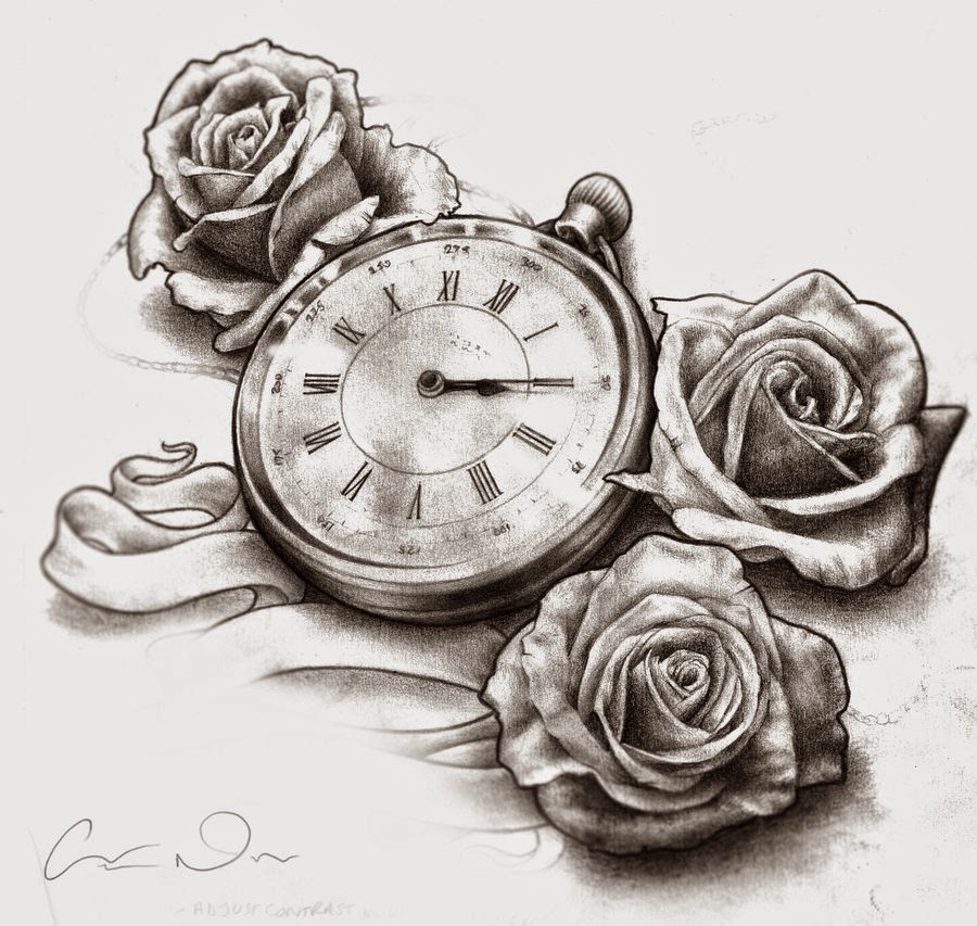 900x853 Tattoo Design Clock And Roses Tattoo Design Sketch - Clock Sketch Tattoo