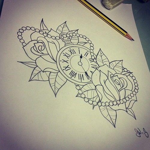 500x500 Design Rose And Clock Tattoo - Clock Sketch Tattoo