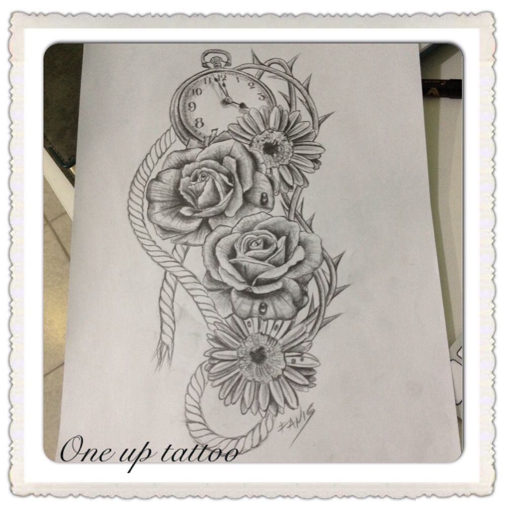 1000x1000 Daisy Roses Rope Tattoo Sketch Oneuptattoo Clock Tattoos Lt3 - Clock Tattoo Sketch