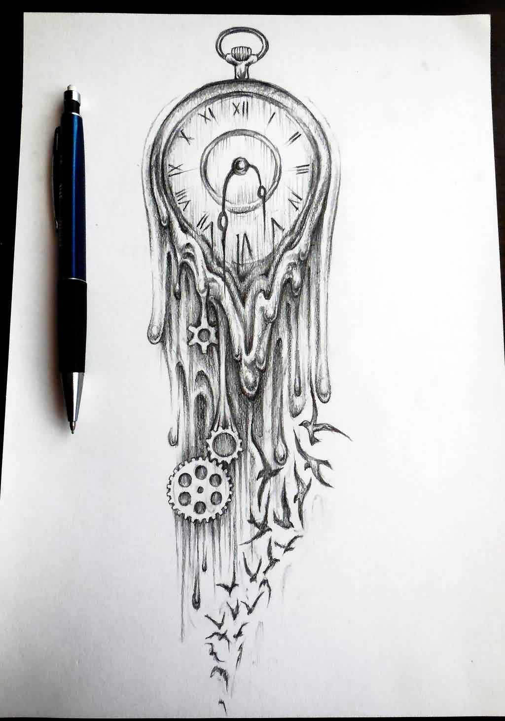 1024x1461 Melting Clock And Bird Tattoos Sketch Tattoo Ideas - Clock Tattoo Sketch