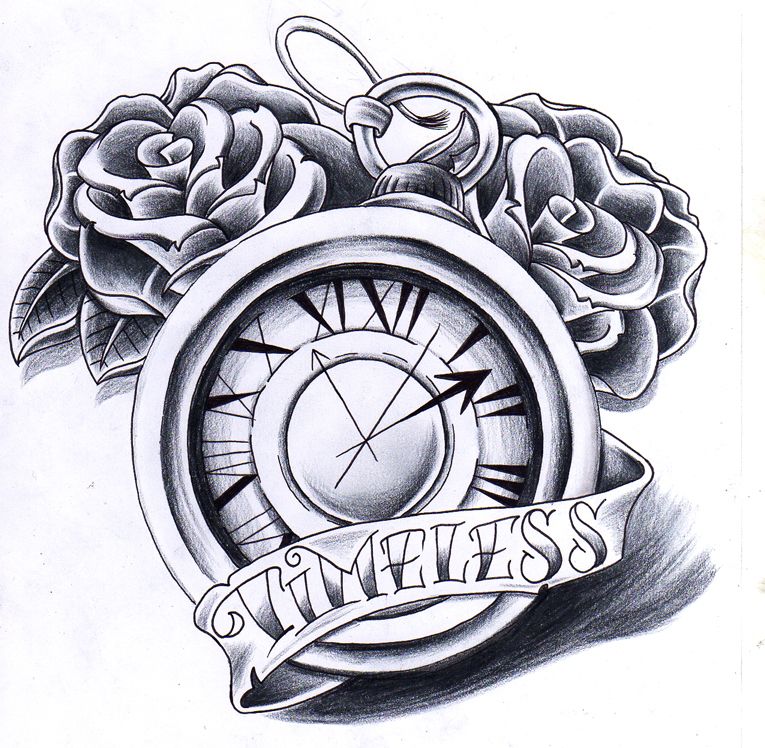 765x748 Nice Grey Rose And Simple Clock Tattoo Design With Timeless Banner - Clock Tattoo Sketch