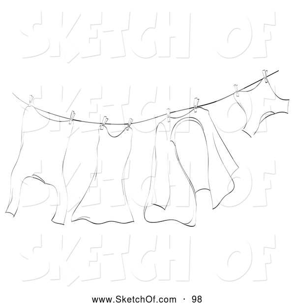 600x620 Drawing Of A Black And White Sketch Of Laundry Hung Out To Dry On - Clothesline Sketch