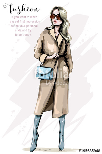 334x500 Fashion Woman In Stylish Coat. Beautiful Young Woman With Bag - Coat Sketch