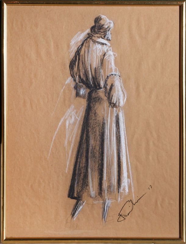 610x800 Fausto Sarli, Long Coat Fashion Sketch, Pastel Drawing - Coat Sketch