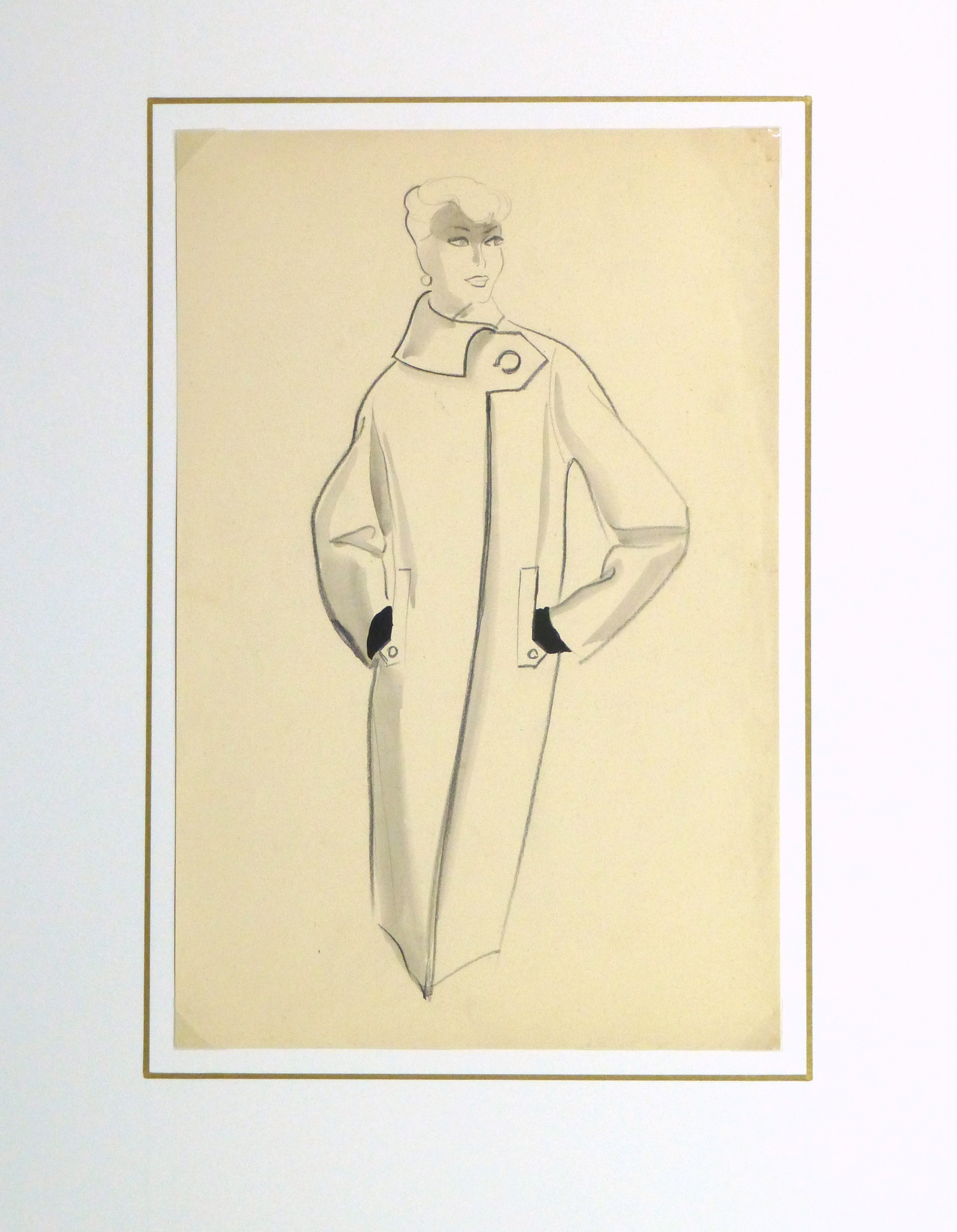 2686x3457 Pencil Fashion Sketch Button Coat, 1957 - Coat Sketch