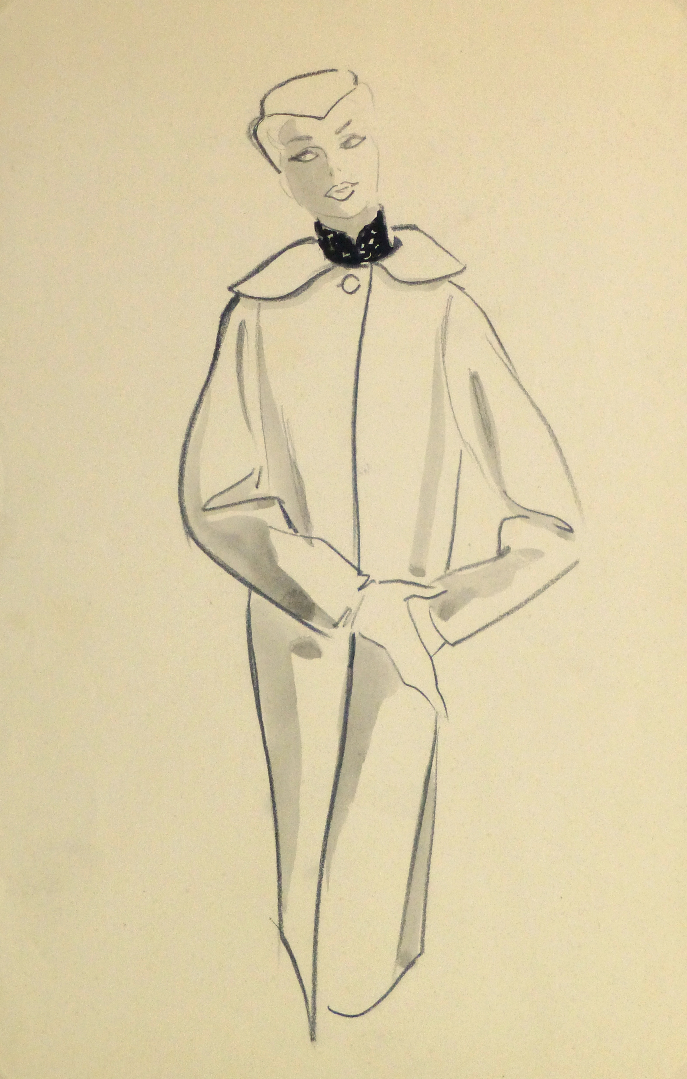 2357x3703 Pencil Fashion Sketch Long Swing Coat, 1957 - Coat Sketch