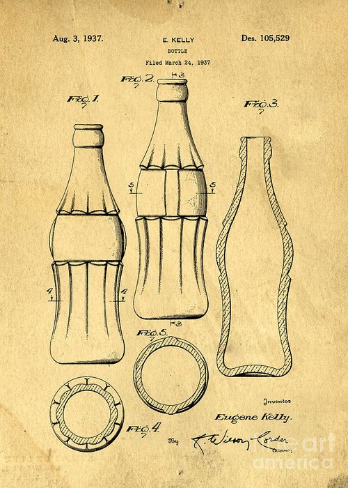 500x700 Coca Cola Bottle Patent Art 1937 Blueprint Drawing Greeting Card - Coca Cola Bottle Sketch