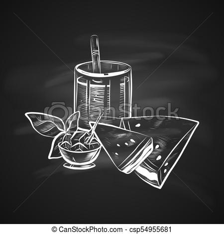 450x470 Cocktail Sketch. Sketch Illustration Of Glass With Straw, Mint - Cocktail Sketch