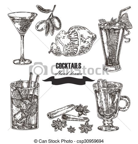 450x470 Hand Drawn Sketch Cocktail Set. Vector Illustration. - Cocktail Sketch