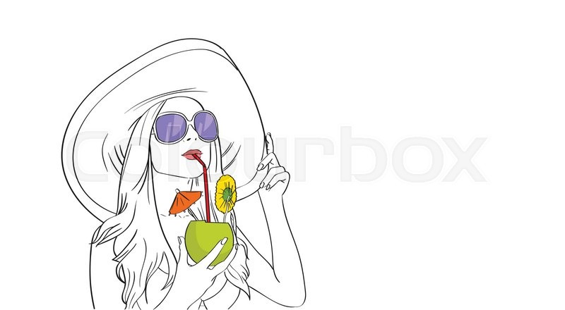 800x440 Woman In Hat Sunglasses Drink Cocktail Sketch Vector Illustration - Cocktail Sketch