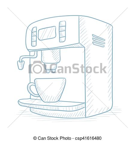 450x470 Coffee Maker With Cup. Coffee Maker And Cup Hand Drawn On White - Coffee Maker Sketch