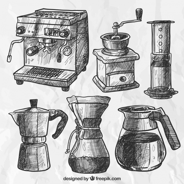 626x626 Set Of Sketches Of Coffee Makers Vector Free Download - Coffee Maker Sketch