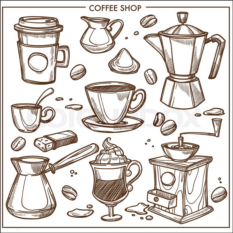 800x800 Coffee Shop Equipment Tools Sketch Icons. Vector Coffee Maker Or - Coffee Shop Sketch