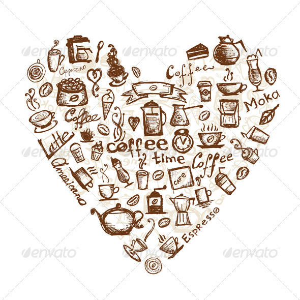 590x590 Coffee Time, Heart Shape Sketch For Your Design By Kudryashka - Coffee Sketch
