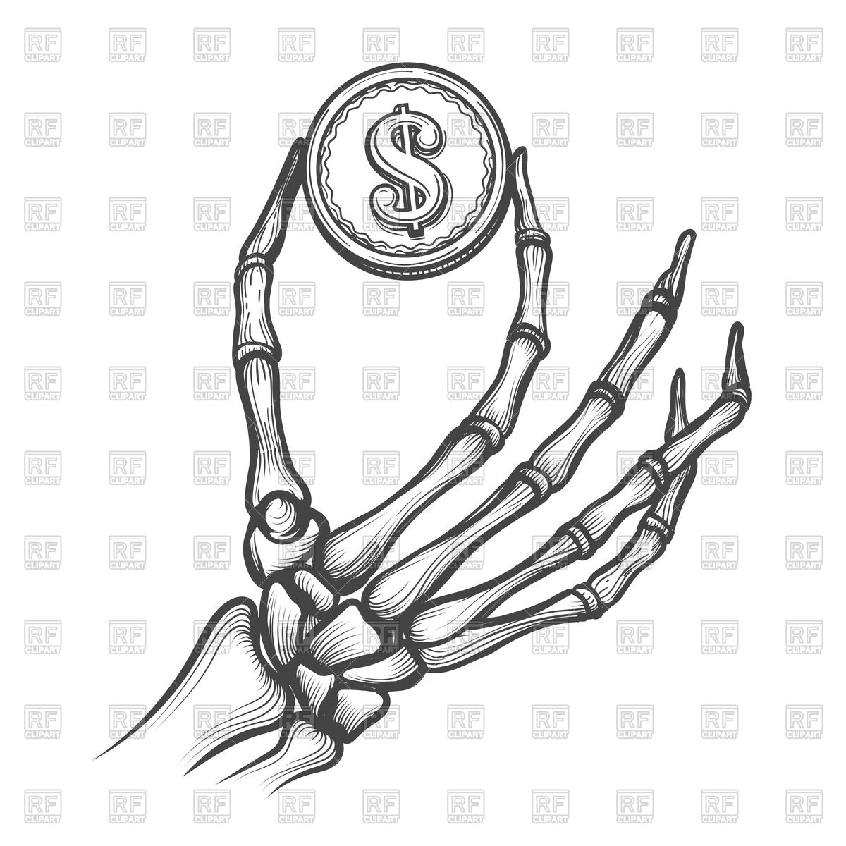 1200x1200 Skeleton Hand With Coin Hand Drawn Vector Image Vector Artwork - Coin Sketch
