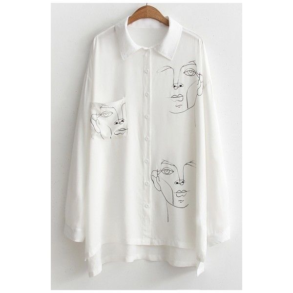600x600 New Arrival Chic Character Sketch Lapel Collar Long Sleeve Tunic - Collared Shirt Sketch