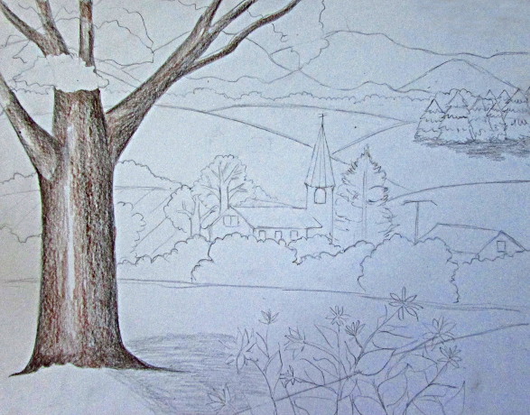 587x460 Color Pencil Landscape Drawing - Color Sketch