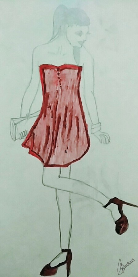 448x900 Fashion Girl Red Dress Colored Drawing Drawing Skill - Colored Sketch