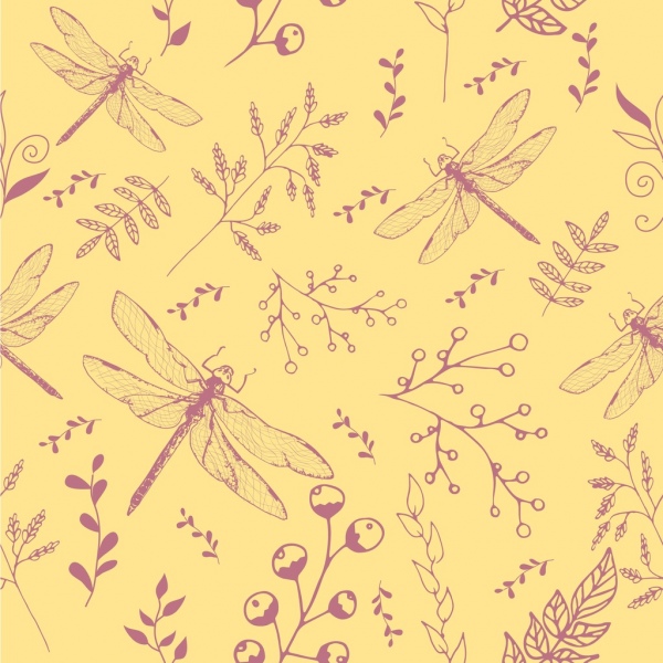 600x600 Insects Background Flowers Dragonfly Icon Repeating Colored Sketch - Colored Sketch