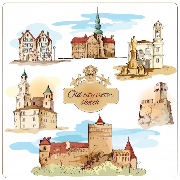 626x626 Old City Buildings Colored Sketch Decorative Elements Set Isolated - Colored Sketch